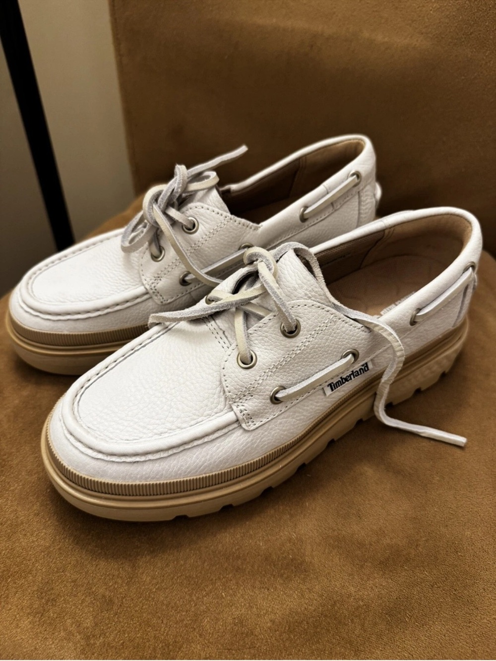 Timberland White and Tan Leather Boat Shoes